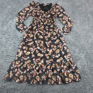 Dizzy Lizzy Dress Womens Medium Black Floral Long Sleeve Ruffle Hem Midi Boho